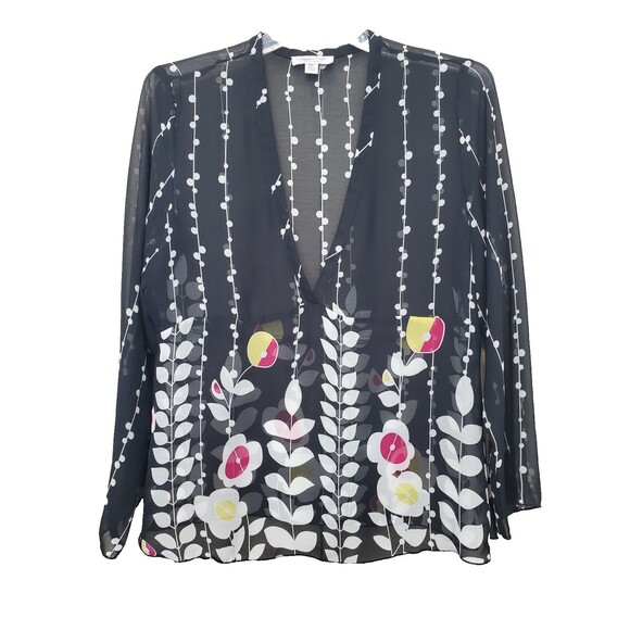 Coldwater Creek Sheer Chiffon Floral Long Sleeve Deep V-Neck Blouse Size PXL - Picture 1 of 6